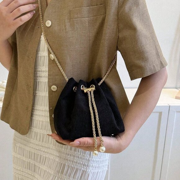 Black Fashionable Women's Chain & Faux Pearl Decor Bucket Bag Polyester - Picture 2 of 6